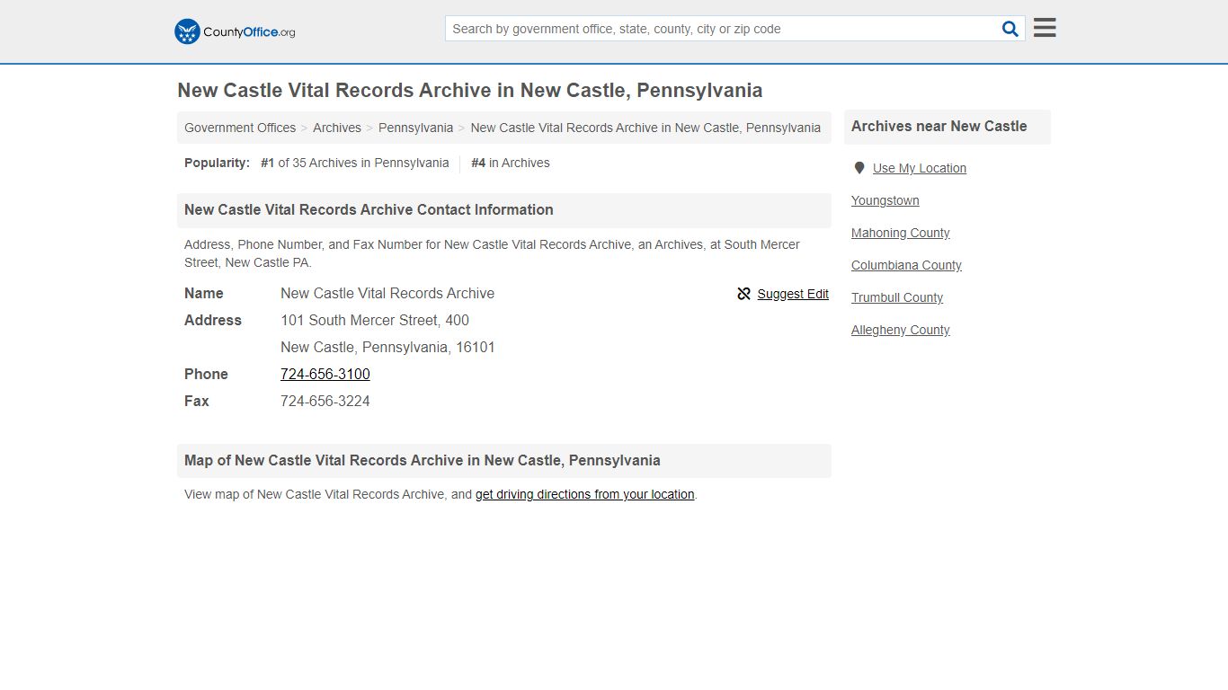 New Castle Vital Records Archive in New Castle, Pennsylvania